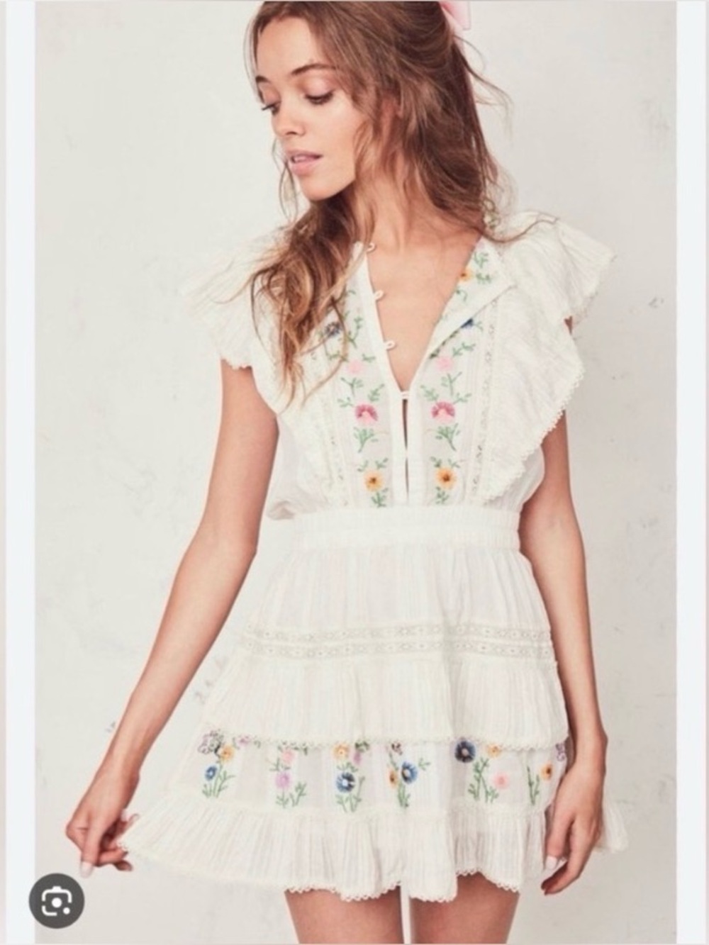 LoveShackFancy White Embroidered Floral Butterfly Mini Dress
